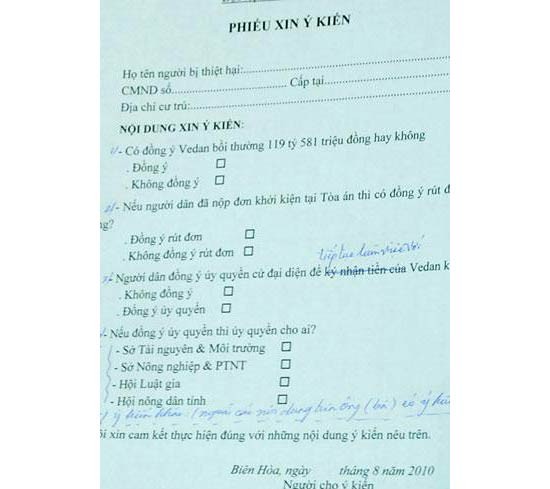 The form to collect Dong Nai farmers’ opinions (Photo: Vietnam Net) The form to collect Dong Nai farmers’ opinions (Photo: Vietnam Net)