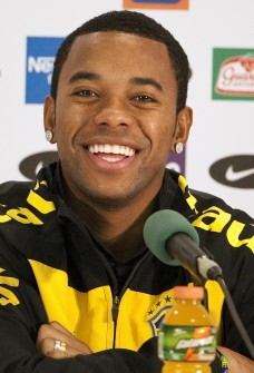 This file photo taken on June 27, 2010 shows Brazil's striker Robinho smiling during a press conference on June 27, 2010 in Johannesburg during the 2010 World Cup in South Africa. AFP This file photo taken on June 27, 2010 shows Brazil's striker Robinho smiling during a press conference on June 27, 2010 in Johannesburg during the 2010 World Cup in South Africa. AFP