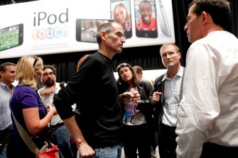 Apple chief executive officer Steve Jobs speaks to reporters after announcing the release of new upgrades for the iPod Nano, iPod Shuffle, iPod Touch, and iTunes. AFP Apple chief executive officer Steve Jobs speaks to reporters after announcing the release of new upgrades for the iPod Nano, iPod Shuffle, iPod Touch, and iTunes. AFP