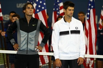 Nadal and runner up Djokovic (R) look on during the US Open trophy ceremony after their men's singles final on Sep. 13 (AFP) Nadal and runner up Djokovic (R) look on during the US Open trophy ceremony after their men's singles final on Sep. 13 (AFP)