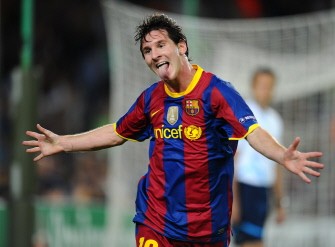 Barcelona's Argentinian forward Lionel Messi celebrates after scoring during the match on September 14, 2010 in Barcelona. AFP Barcelona's Argentinian forward Lionel Messi celebrates after scoring during the match on September 14, 2010 in Barcelona. AFP