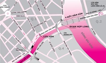 Map made by Tuoi Tre Newspaper shows the Thu Thiem Tunnel position in Ho Chi Minh City Map made by Tuoi Tre Newspaper shows the Thu Thiem Tunnel position in Ho Chi Minh City