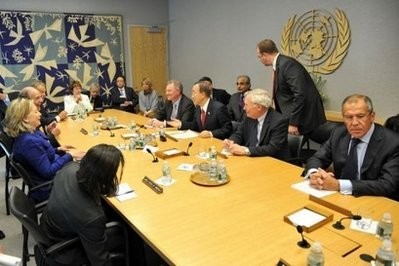 The Middle East Quartet principals, US Secretary of State Hillary Clinton (L), US special envoy George Mitchell (2nd L), UN special envoy Tony Blair (3rd L), EU's Catherine Ashton (4th L), UN Secretary General Ban Ki-Moon (3rd R) and Russian FM Sergey Lavrov (R) meet at the UN The Middle East Quartet principals, US Secretary of State Hillary Clinton (L), US special envoy George Mitchell (2nd L), UN special envoy Tony Blair (3rd L), EU's Catherine Ashton (4th L), UN Secretary General Ban Ki-Moon (3rd R) and Russian FM Sergey Lavrov (R) meet at the UN