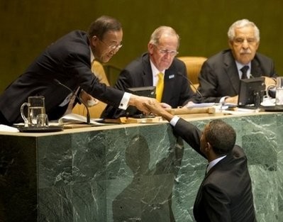 US President Barack Obama (front) greets UN Secretary General Ban Ki-moon before delivering his address at the Millennium Development Goals Summit. AFP US President Barack Obama (front) greets UN Secretary General Ban Ki-moon before delivering his address at the Millennium Development Goals Summit. AFP