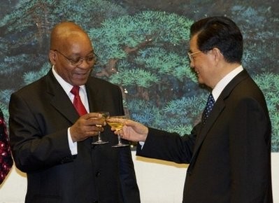 South African President Jacob Zuma (left) shares a toast with his Chinese counterpart Hu Jintao in Beijing in August during a visit by Zuma to China. South African President Jacob Zuma (left) shares a toast with his Chinese counterpart Hu Jintao in Beijing in August during a visit by Zuma to China.