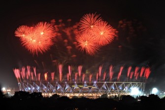 Fireworks light the night sky above the Jawaharlal Nehru stadium towards the end of the XIX Commonwealth Games opening ceremony in New Delhi on October 3, 2010. AFP Fireworks light the night sky above the Jawaharlal Nehru stadium towards the end of the XIX Commonwealth Games opening ceremony in New Delhi on October 3, 2010. AFP