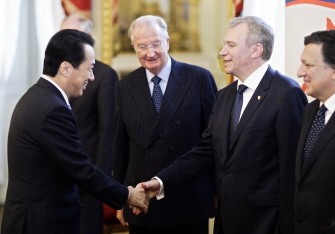 Japan's Prime Minister Naoto Kan is welcomed by Belgium outgoing Prime Minister Yves Leterme and Belgium's King Albert II (C) during a welcoming ceremony on October 4, 2010 at the Royal Palace in Brussels prior to the Asia-Europe Meeting (ASEM). AFP Japan's Prime Minister Naoto Kan is welcomed by Belgium outgoing Prime Minister Yves Leterme and Belgium's King Albert II (C) during a welcoming ceremony on October 4, 2010 at the Royal Palace in Brussels prior to the Asia-Europe Meeting (ASEM). AFP