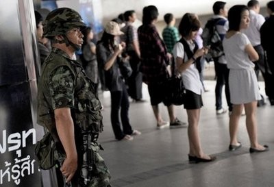 A Thai soldier patrols a station of the elevated railway as part of stepped up security in Bangkok in September 2010. AFP A Thai soldier patrols a station of the elevated railway as part of stepped up security in Bangkok in September 2010. AFP