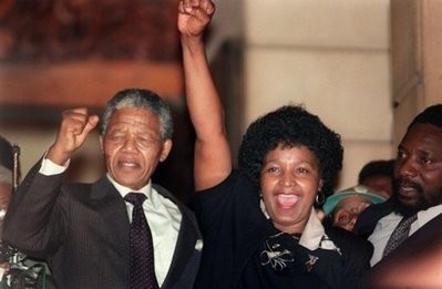 Nelson Mandela and his then-wife Winnie raise their fists 11 February 1990 in Paarl to salute cheering crowd upon Mandela's release from Victor Verster prison. Nelson Mandela and his then-wife Winnie raise their fists 11 February 1990 in Paarl to salute cheering crowd upon Mandela's release from Victor Verster prison.