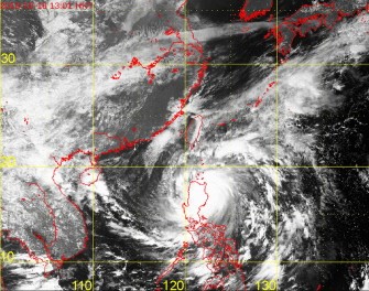 This handout satellite image created on October 18, 2010 and released by the Hong Kong Observatory shows super Typhoon Megi over the northern Philippines demarcated by a superimposed map of the east Asian region. AFP photo This handout satellite image created on October 18, 2010 and released by the Hong Kong Observatory shows super Typhoon Megi over the northern Philippines demarcated by a superimposed map of the east Asian region. AFP photo