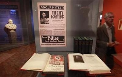 Copies of Adolf Hitler's book Mein Kampf (My Struggle) are pictured at the media preview of Hilter und die Deutsche Volksgemeinschaft und Verbrechen (Hitler and the German Nation and Crime) at the Deutsche Historisches Museum. Copies of Adolf Hitler's book Mein Kampf (My Struggle) are pictured at the media preview of Hilter und die Deutsche Volksgemeinschaft und Verbrechen (Hitler and the German Nation and Crime) at the Deutsche Historisches Museum.