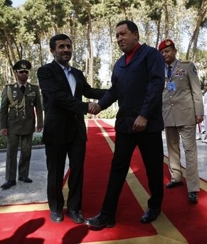 Iranian President Mahmoud Ahmadinejad, left, shakes hands with his Venezuelan counterpart Hugo Chavez, during an official welcoming ceremony for him, in Tehran, Iran, Tuesday, Oct. 19, 2010. Iranian President Mahmoud Ahmadinejad, left, shakes hands with his Venezuelan counterpart Hugo Chavez, during an official welcoming ceremony for him, in Tehran, Iran, Tuesday, Oct. 19, 2010.