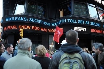 People read a news ticker in New York's Times Square regarding the release of secret US documents about the war in Iraq on the whistleblower website WikiLeaks website on October 22, 2010. People read a news ticker in New York's Times Square regarding the release of secret US documents about the war in Iraq on the whistleblower website WikiLeaks website on October 22, 2010.