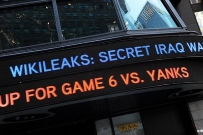 A news ticker flashes a headline on the release of 400,000 secret US documents about the war in Iraq on the WikiLeaks website in New York's Times Square. AFP A news ticker flashes a headline on the release of 400,000 secret US documents about the war in Iraq on the WikiLeaks website in New York's Times Square. AFP