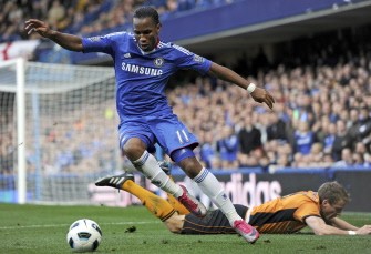 Chelsea's Ivorian striker Didier Drogba (L) vies with Wolverhampton Wanderers' Scottish defender Christophe Berra (R) during the English Premier League football match between Chelsea and Wolverhampton Wanderers at Stamford Bridge in London, England on October 23, 2010. AFP Chelsea's Ivorian striker Didier Drogba (L) vies with Wolverhampton Wanderers' Scottish defender Christophe Berra (R) during the English Premier League football match between Chelsea and Wolverhampton Wanderers at Stamford Bridge in London, England on October 23, 2010. AFP