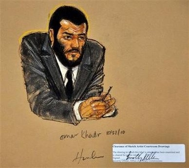 Defendant Omar Khadr, a native of Toronto, Canada, listens to testimony during his commissions trial at the Guantanamo Bay Naval Base in Cuba, in this courtroom sketch October 27, 2010. Defendant Omar Khadr, a native of Toronto, Canada, listens to testimony during his commissions trial at the Guantanamo Bay Naval Base in Cuba, in this courtroom sketch October 27, 2010.