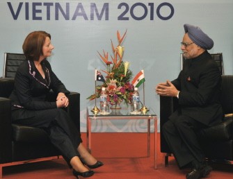Indian Prime Minister Manmohan Singh (R) speaks with Australian Prime Minister Julia Gillard ahead of a bilateral meeting at the ASEAN Summit in Hanoi on October 30, 2010. AFP Indian Prime Minister Manmohan Singh (R) speaks with Australian Prime Minister Julia Gillard ahead of a bilateral meeting at the ASEAN Summit in Hanoi on October 30, 2010. AFP