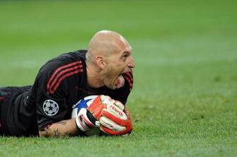 AC Milan's goalkeeper Chistian Abbiati reacts after saving a ball from Real Madrid during their Champions League group G football match on November 3, 2010 at San Siro Stadium in Milan. AFP AC Milan's goalkeeper Chistian Abbiati reacts after saving a ball from Real Madrid during their Champions League group G football match on November 3, 2010 at San Siro Stadium in Milan. AFP