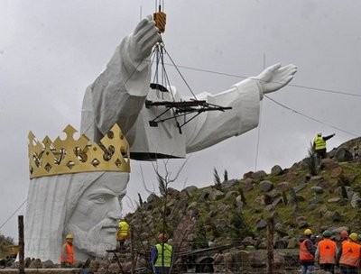 A crane lifts sections of the statue of Jesus Christ in Swiebodzin, western Poland A crane lifts sections of the statue of Jesus Christ in Swiebodzin, western Poland