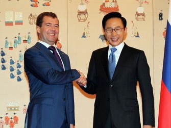 This handout taken on November 10, 2010 and made available by the Seoul G20 Media Pool shows Russian President Dmitry Medvedev (L) shaking hands with South Korea's President Lee Myung-Bak (R) during their meeting at the presidential Blue House in Seoul on the eve of the G20 Summit. AFP This handout taken on November 10, 2010 and made available by the Seoul G20 Media Pool shows Russian President Dmitry Medvedev (L) shaking hands with South Korea's President Lee Myung-Bak (R) during their meeting at the presidential Blue House in Seoul on the eve of the G20 Summit. AFP