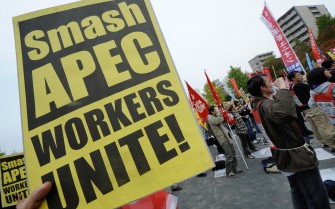 Members of Japanese labour unions shout slogans during a rally denouncing the Asia-Pacific Economic Cooperation (APEC) in Yokohama on November 14, 2010. AFP Members of Japanese labour unions shout slogans during a rally denouncing the Asia-Pacific Economic Cooperation (APEC) in Yokohama on November 14, 2010. AFP