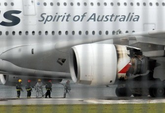 AFP file photo taken on November 4, 2010 shows the Qantas Airbus A380 plane and burnt out engine (R) after making an emergency landing at Changi International airport in Singapore. AFP file photo taken on November 4, 2010 shows the Qantas Airbus A380 plane and burnt out engine (R) after making an emergency landing at Changi International airport in Singapore.
