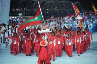 The delegation of the Maldives arrives during the opening ceremony of the 16th Asian Games in Guangzhou on November 12, 2010. AFP The delegation of the Maldives arrives during the opening ceremony of the 16th Asian Games in Guangzhou on November 12, 2010. AFP