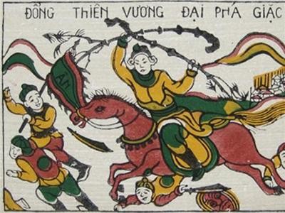 A Dong Ho painting depicts Thanh Giong fighting An conquerers. A Dong Ho painting depicts Thanh Giong fighting An conquerers.