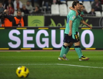 Barcelona's Lionel Messi (L) celebrates with forward Pedro Rodriguez (R) after scoring against Almeria during their Spanish League football match at Juegos del Mediterraneo stadium in Almeria on November 20, 2010. Barcelona won 8-0. AFP Barcelona's Lionel Messi (L) celebrates with forward Pedro Rodriguez (R) after scoring against Almeria during their Spanish League football match at Juegos del Mediterraneo stadium in Almeria on November 20, 2010. Barcelona won 8-0. AFP