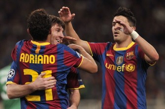 Barcelona's Lionel Messi (C) celebrates with his team-mates after scoring against Panathinaikos Athens. AFP Barcelona's Lionel Messi (C) celebrates with his team-mates after scoring against Panathinaikos Athens. AFP