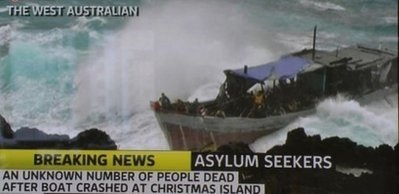 A boat full of asylum seekers is smashed by violent seas off Australia's Christmas Island, as shown in this Channel 7 TV framegrab of a photo released by The West Australian on December 15, 2010 A boat full of asylum seekers is smashed by violent seas off Australia's Christmas Island, as shown in this Channel 7 TV framegrab of a photo released by The West Australian on December 15, 2010