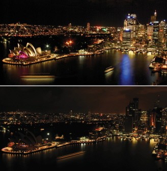 AFP - This combo shows the lights around Sydney's Harbour and the iconic Opera House (L) taken on March 23, 2011 (top photo) and on March 26, 2011 as the city switches off its lights to mark "Earth Hour".