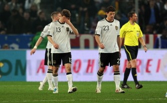 AFP - Germany's strikers Thomas Mueller (L) and Mario Gomez react during the friendly football match AFP - Germany's strikers Thomas Mueller (L) and Mario Gomez react during the friendly football match