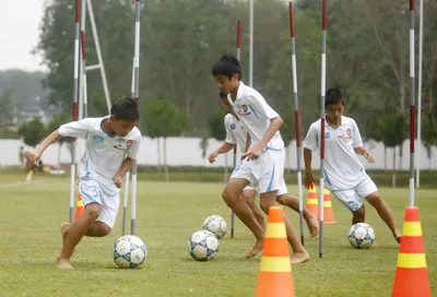 Các cầu thủ miệt mài tập luyện.