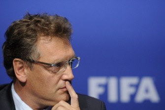 This photo taken on May 29, 2011 shows FIFA General Secretary Jerome Valcke gesturing during a press conference following hearings over bribery allegations at the football's world governing body FIFA Headquarters in Zurich. This photo taken on May 29, 2011 shows FIFA General Secretary Jerome Valcke gesturing during a press conference following hearings over bribery allegations at the football's world governing body FIFA Headquarters in Zurich.