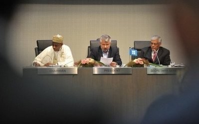 L-R: OPEC Chairman Goni Musa Sheikh, OPEC President Mohammad Aliabadi and Secretary General Abdullah El-Badri open the 159th meeting of the OPEC conference in Vienna. L-R: OPEC Chairman Goni Musa Sheikh, OPEC President Mohammad Aliabadi and Secretary General Abdullah El-Badri open the 159th meeting of the OPEC conference in Vienna.