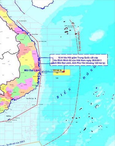 Position of Vietnamese vessel Binh Minh 02 during the incident on May 26 when Chinese ships cut its survey cable Position of Vietnamese vessel Binh Minh 02 during the incident on May 26 when Chinese ships cut its survey cable