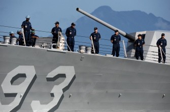 AFP - US navy personnel stand in formation on board the guided-missile destroyer USS Chung Hoon before the US-Philippine joint naval military exercise near the disputed Spratly islands, in Puerto Princesa on the western Philippine island of Palawan on June 28, 2011. AFP - US navy personnel stand in formation on board the guided-missile destroyer USS Chung Hoon before the US-Philippine joint naval military exercise near the disputed Spratly islands, in Puerto Princesa on the western Philippine island of Palawan on June 28, 2011.