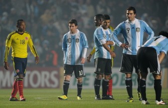 Colombian defender Camilo Zuniga (L) and Argentine forwards (L to R) Lionel Messi, Sergio Aguero and Gonzalo Higuain gesture at the end of their Copa America matchon July 6, 2011. The match ended 0-0. AFP Colombian defender Camilo Zuniga (L) and Argentine forwards (L to R) Lionel Messi, Sergio Aguero and Gonzalo Higuain gesture at the end of their Copa America matchon July 6, 2011. The match ended 0-0. AFP