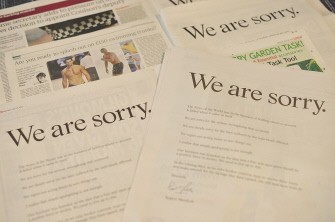 AFP - An apology is seen in Britain's national newspapers by News Corporation Chief Rupert Murdoch in London on July 16, 2011 AFP - An apology is seen in Britain's national newspapers by News Corporation Chief Rupert Murdoch in London on July 16, 2011