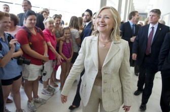 US Secretary of State Hillary Clinton smiles as she tours the Acropolis Museum in Athens on July 17, 2011, before signing a Cultural Memorandum of Understanding on import restrictions for archaeological finds between the US and Greece US Secretary of State Hillary Clinton smiles as she tours the Acropolis Museum in Athens on July 17, 2011, before signing a Cultural Memorandum of Understanding on import restrictions for archaeological finds between the US and Greece