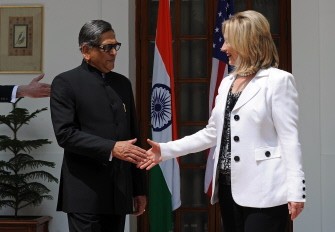 US Secretary of State Hillary Clinton (R) shakes hands with Indian Foreign Minister S.M. Krishna prior to delegation level talks in New Delhi on July 19, 2011. US Secretary of State Hillary Clinton (R) shakes hands with Indian Foreign Minister S.M. Krishna prior to delegation level talks in New Delhi on July 19, 2011.