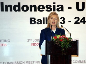 AFP - US Secretary of State Hillary Clinton speaks during a press conference with Indonesia's Foreign Minister Marty Natalegawa (not pictured) on the 2nd Joint Commission Meeting between the two countries in Nusa dua on Indonesia's resort island of Bali on July 24, 2011. AFP - US Secretary of State Hillary Clinton speaks during a press conference with Indonesia's Foreign Minister Marty Natalegawa (not pictured) on the 2nd Joint Commission Meeting between the two countries in Nusa dua on Indonesia's resort island of Bali on July 24, 2011.