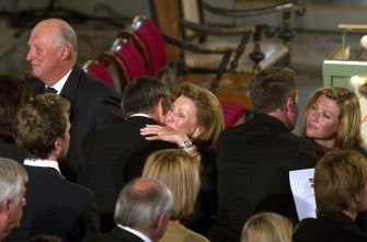 AFP - Norway's King Harald (L) greet ministers as Queen Sonja (C) hugs Prime Minister Jens Stoltenberg (2nd,L) and Princess Martha (R) hugs the leader of the Labour Party youth wing and survivor of the attack Eskild Pedersen (2nd, R) during a mass for the victims AFP - Norway's King Harald (L) greet ministers as Queen Sonja (C) hugs Prime Minister Jens Stoltenberg (2nd,L) and Princess Martha (R) hugs the leader of the Labour Party youth wing and survivor of the attack Eskild Pedersen (2nd, R) during a mass for the victims