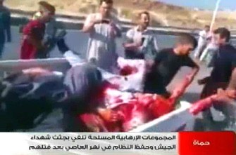 A grab taken from footage broadcast by Syrian state television and released by the Syrian Arab News Agency (SANA) on August 2, 2011 allegedly shows men who the government said are saboteurs and members of armed gangs carrying bodies of Syrian soldiers before throwing them into the Al-Assi (Orontes) River in the flashpoint central city of Hama, as activists said Syrian tanks shelled the city amid a crackdown on anti-government protests. A grab taken from footage broadcast by Syrian state television and released by the Syrian Arab News Agency (SANA) on August 2, 2011 allegedly shows men who the government said are saboteurs and members of armed gangs carrying bodies of Syrian soldiers before throwing them into the Al-Assi (Orontes) River in the flashpoint central city of Hama, as activists said Syrian tanks shelled the city amid a crackdown on anti-government protests.