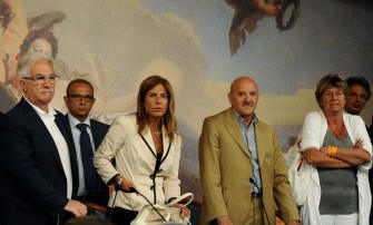 From L to R, leader of the Italian Confederation of Workers' Trade Unions (CISL) Raffaele Bonanni, head of Confindustria Emma Marcegaglia (3rd L), UIL union leader Luigi Angeletti and GCIL union leader Susanna Camusso attend a news conference ahead of a meeting with Italian Prime Minister Silvio Berlusconi and his ministers on August 10, 2011. From L to R, leader of the Italian Confederation of Workers' Trade Unions (CISL) Raffaele Bonanni, head of Confindustria Emma Marcegaglia (3rd L), UIL union leader Luigi Angeletti and GCIL union leader Susanna Camusso attend a news conference ahead of a meeting with Italian Prime Minister Silvio Berlusconi and his ministers on August 10, 2011.