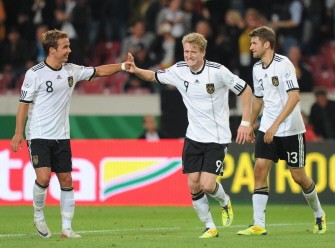 AFP- (L-R) German Mario Goetze, Andre Schuerrle and Thomas Mueller celebate during the Germany vs Brazil international friendly football match at the Mercedes-Benz Arena in Stuttgart on August 10, 2011 AFP- (L-R) German Mario Goetze, Andre Schuerrle and Thomas Mueller celebate during the Germany vs Brazil international friendly football match at the Mercedes-Benz Arena in Stuttgart on August 10, 2011