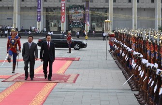 Mongolian President Tsakhia Elbegdorj (L) accompanies South Korea President South Korean President Lee Myung-Bak during a welcoming ceremony in Ulan Bator on August 22, 2011 Mongolian President Tsakhia Elbegdorj (L) accompanies South Korea President South Korean President Lee Myung-Bak during a welcoming ceremony in Ulan Bator on August 22, 2011