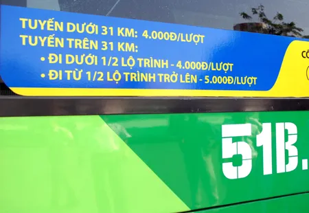 Giá vé và lộ trình xe buýt chạy được ghi bên hông xe. Ảnh: Cao Thăng Giá vé và lộ trình xe buýt chạy được ghi bên hông xe. Ảnh: Cao Thăng