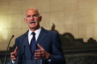 AFP - Prime Minister George Papandreou speaks during a press conference with the Emir of Qatar Sheikh Hamad Bin Khalifa Al Thani (unseen) at the Prime Ministers official residence, in Athens on October 1, 2011. AFP - Prime Minister George Papandreou speaks during a press conference with the Emir of Qatar Sheikh Hamad Bin Khalifa Al Thani (unseen) at the Prime Ministers official residence, in Athens on October 1, 2011.